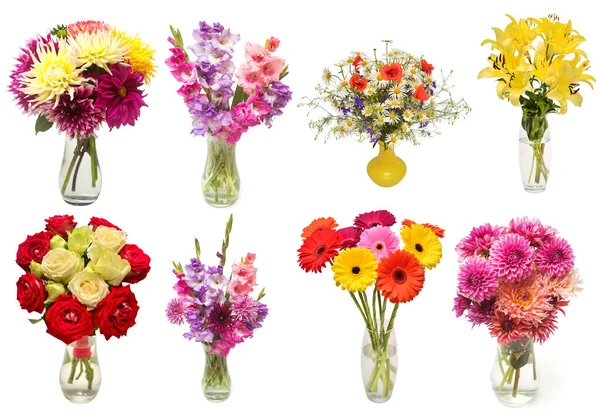 Kolekcja bukietów kwiaty gerbera, delphinium, dahlia, zadowolony — Zdjęcie stockowe