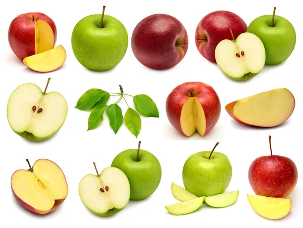 Piros és zöld almák gyűjtése fehér alapon izolált levéllel — Stock Fotó