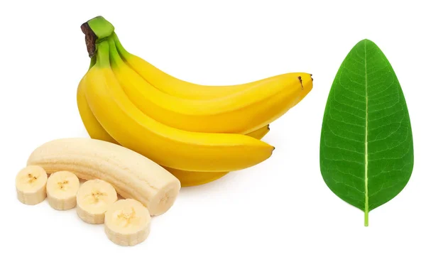 Коллекция бананов и листьев. Банан без кожуры половинки и r — стоковое фото