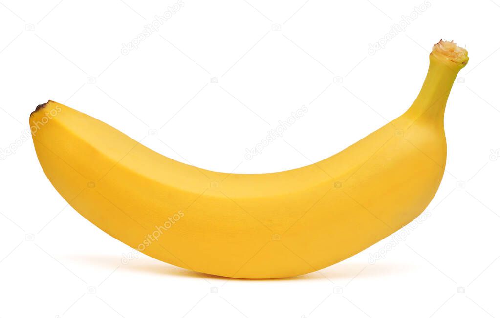 One banana isolated on white background. Top view, flat lay