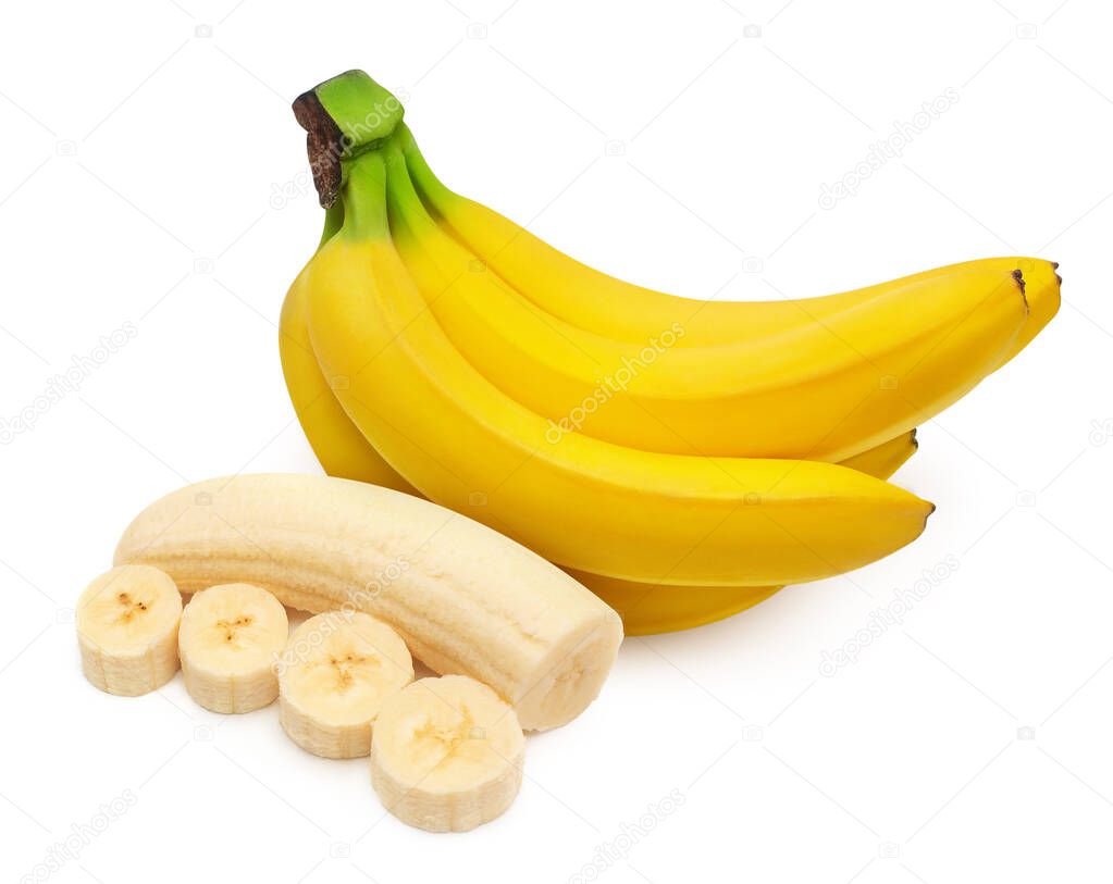 Banana bunch. Banana without peel half and rings isolated on whi