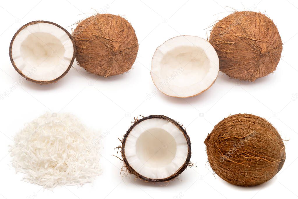 Coconut collection chips, whole and half isolated on white backg