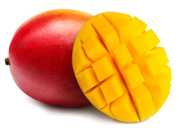 Mango fruta entera y cubos aislados sobre fondo blanco. Perfec —  Fotos de Stock