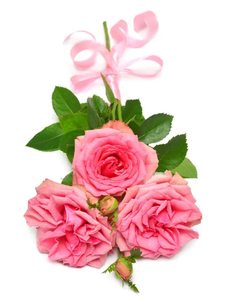 Bouquet of pink rose flowers with bow isolated on white backgrou — Stock Photo, Image