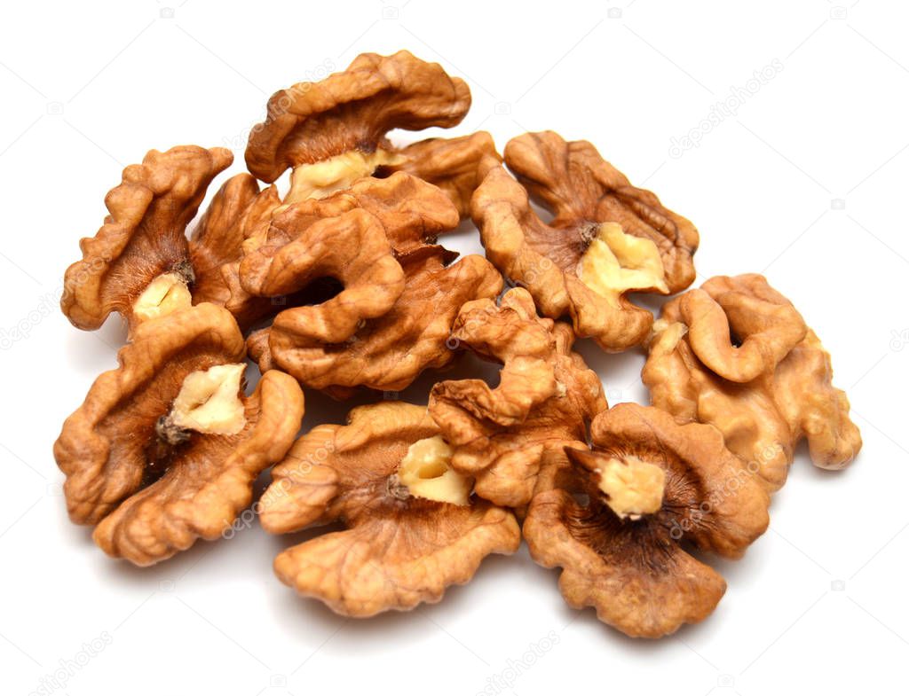 Walnuts kernels isolated on white background. Flat lay, top view
