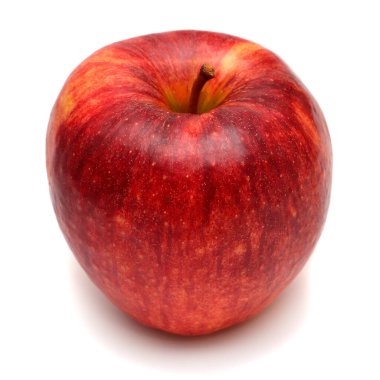 Beyaz arka planda izole kırmızı elma. Yaratıcı sağlıklı gıda kavramı. Doğa, meyve suyu. Üst görünüm, düz yatıyordu