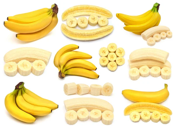 Collezione Banana Intero Mazzo Fetta Isolata Sfondo Bianco Vista Dall — Foto Stock