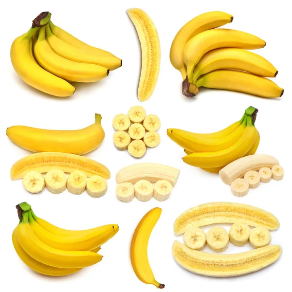 Collectie Banaan Hele Bos Plak Geïsoleerd Witte Achtergrond Bovenaanzicht Vlak — Stockfoto