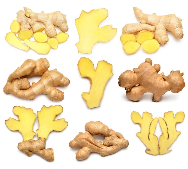 Collection Fresh Ginger Root Whole Slice Isolated White Background Creative — Stock Photo, Image