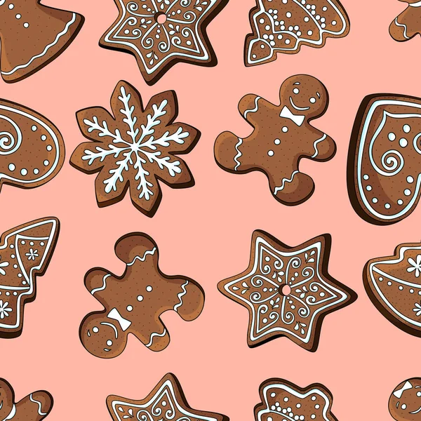 Kerst peperkoek koekjes - naadloos patroon. Vectorillustratie — Stockvector