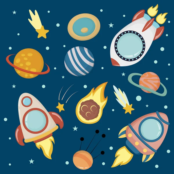 用于儿童平面矢量的行星和火箭 图库插图