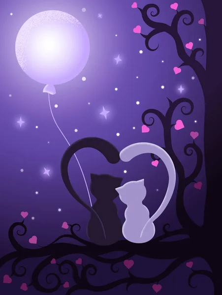 Los gatos enamorados están sentados en un árbol por la noche con la luna . — Vector de stock