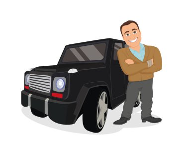 Siyah SUV arabalı çizgi film adamı mutlu..