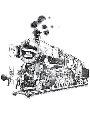 Büyük, zarif bir buhar lokomotifi. Beyaz arkaplandaki Retro motifi