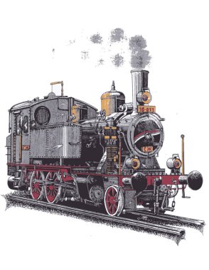 Üç renkli retro bir lokomotif çiziliyor