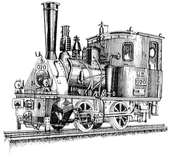鉄道線路上の蒸気機関車は020マーク — ストックベクタ