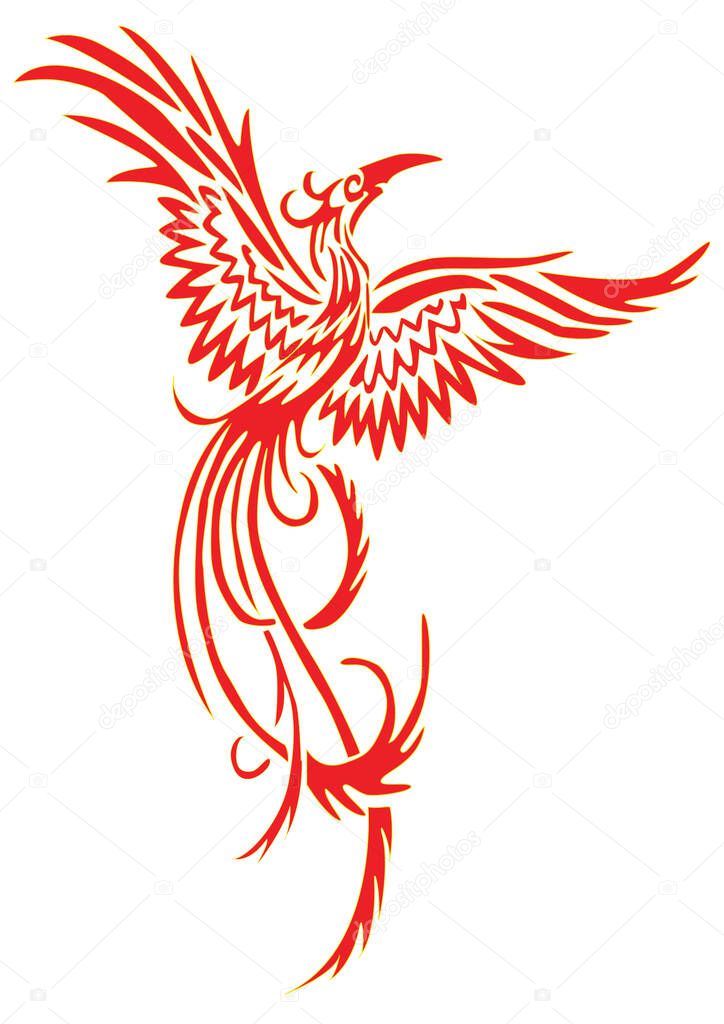Red yellow phoenix, flat, on a white background