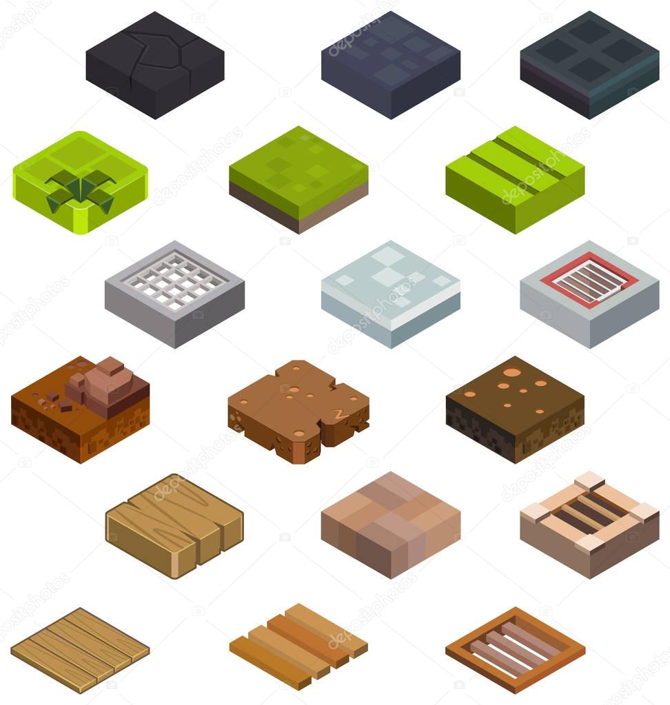 Isometric game brick cubes set for computer games