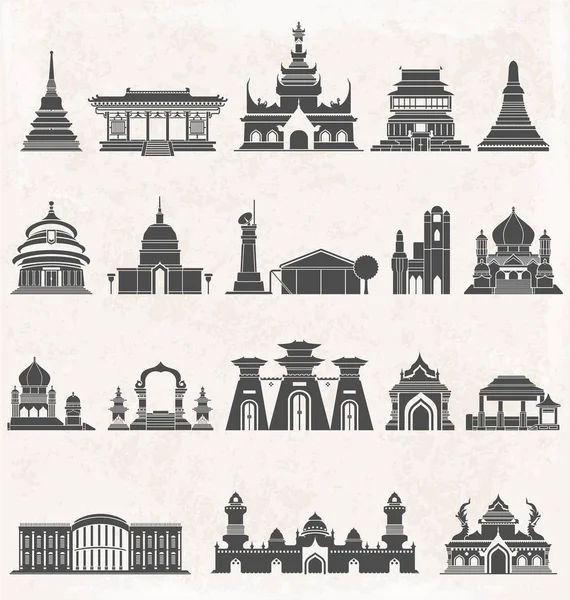 Conjunto de iconos en blanco y negro de construcción de Asia — Vector de stock