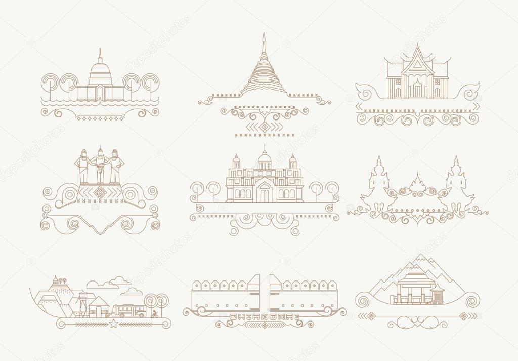 Chiang Mai Thailand building line icon set