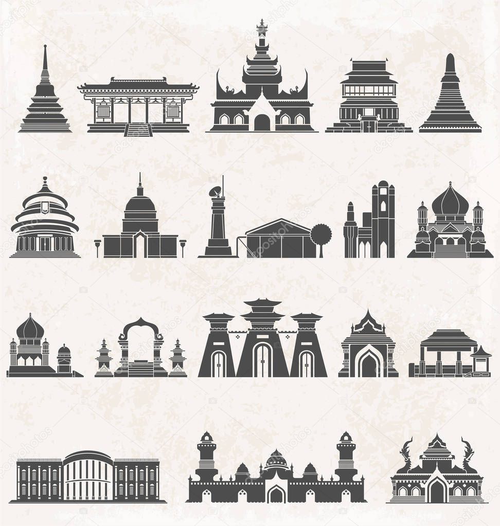 Asia building black and white icons set