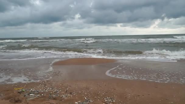 海上风暴 暴风雨天气下的亚速海沿岸 风和大海的浪花 俄罗斯 — 图库视频影像