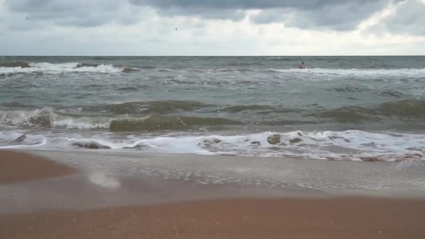 Badai Laut Pantai Laut Azov Dalam Cuaca Berangin Kencang Gelombang — Stok Video