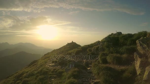 Treffen mit einem glücklichen kleinen Hund auf einem Gipfel während des Sonnenuntergangs — Stockvideo