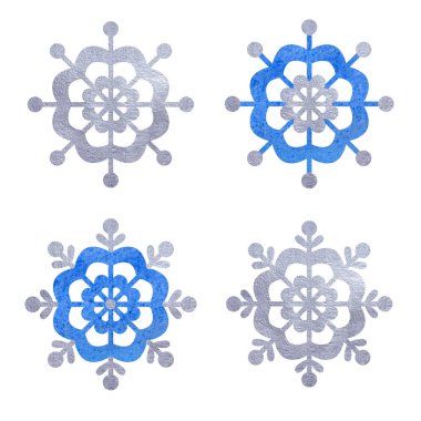 Mavi ve gümüş kar taneleri suluboya el boyası seti.