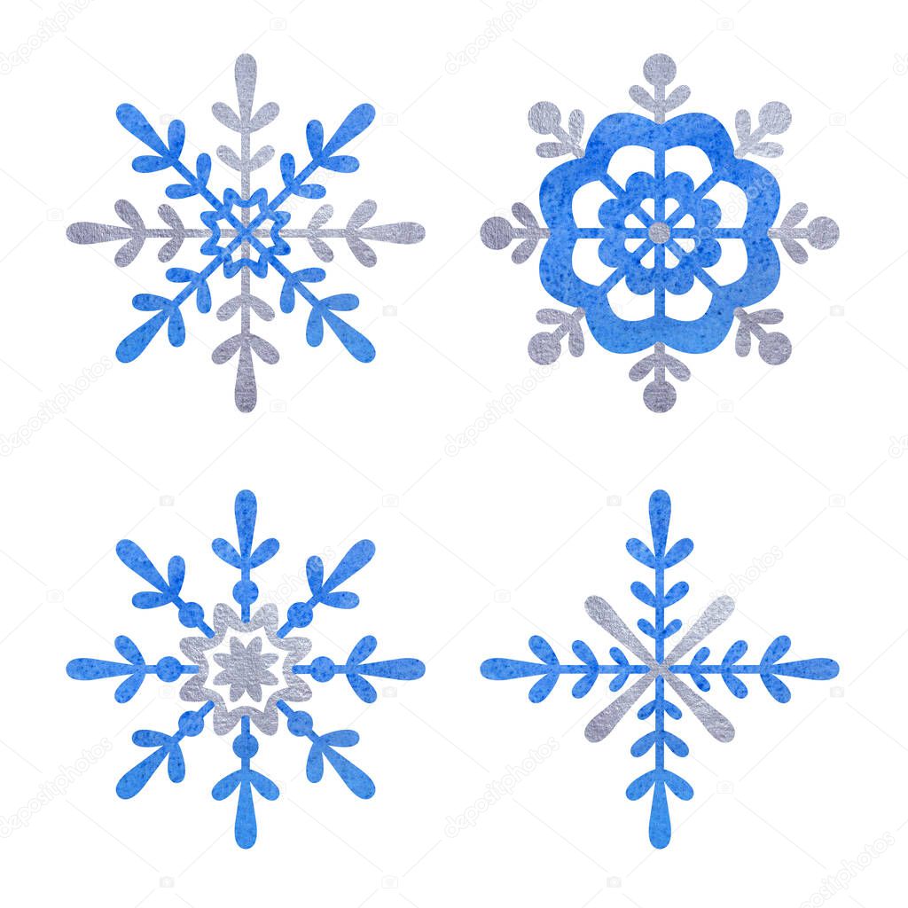 Blue and silver snowfloke watercolor hand painted clipart.
