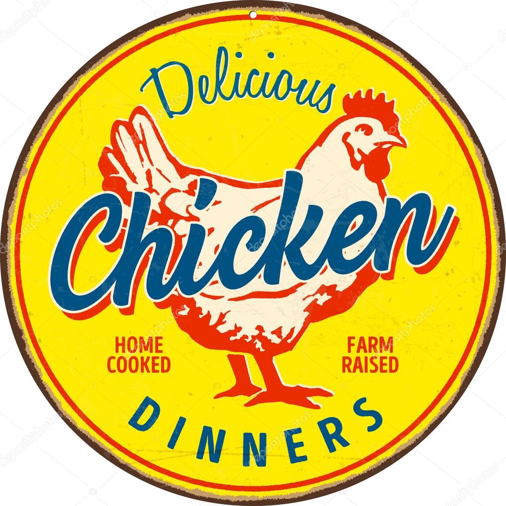 vintage metal sign with inscription delicious chicken dinners, vector, illustration