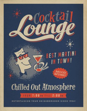 Vintage Style Cocktail Lounge Poster İllüstrasyonu Retro Offset Efektleri - Şehrin En İyi Martini 'si!