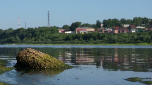 Sommaren vacker utsikt över liten stad nära floden — Stockvideo