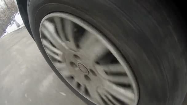 Moving car wheel on asphalt — Stock Video