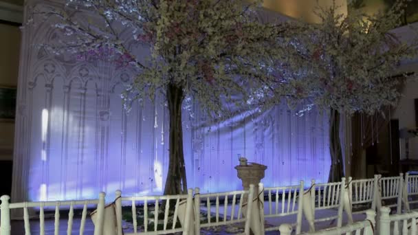 Vista de la sala decorada para la celebración de la boda — Vídeos de Stock