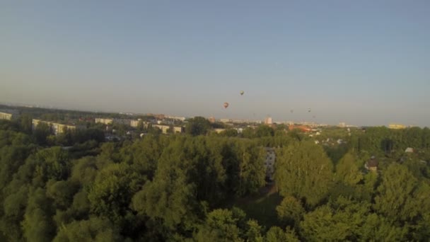 Vista superior de balões de ar quente e da cidade no verão — Vídeo de Stock