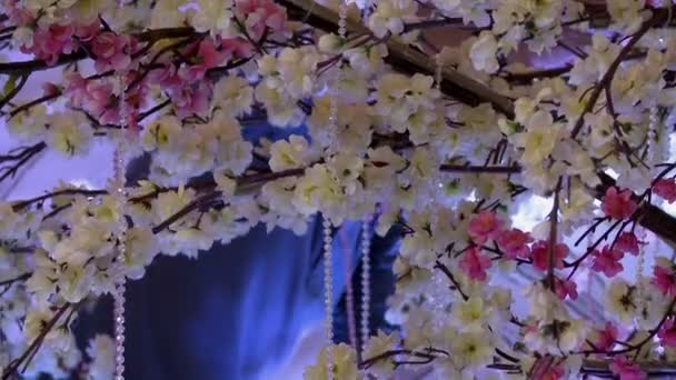 View of blossom tree decorated with beads — Stockvideo
