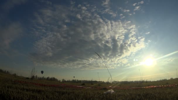 Balon udara panas saat matahari terbenam di lapangan — Stok Video