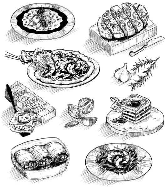 Ilustración dibujada a mano con bocetos de alimentos — Vector de stock