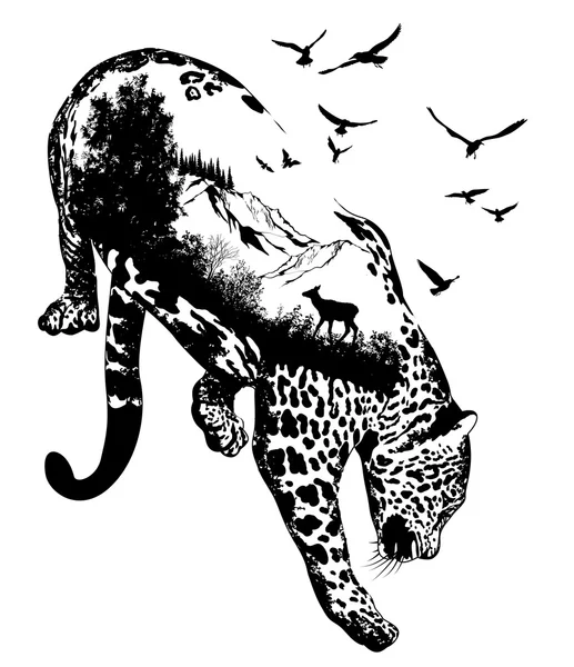 Vetor Exposição dupla, leopardo desenhado à mão — Vetor de Stock