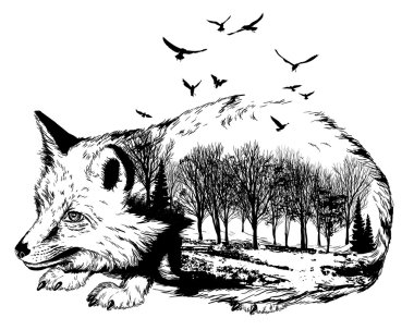 Vektör çift pozlama, silhouette fox ve orman