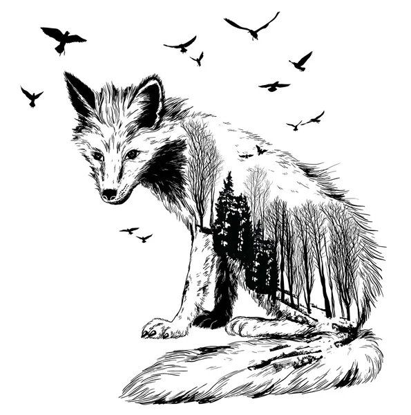 Wektor podwójnej ekspozycji, fox, koncepcja przyrody — Wektor stockowy