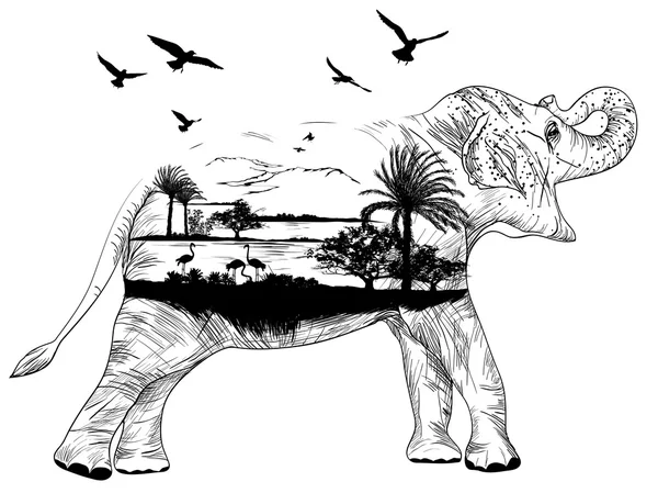 Vektör çift pozlama, tasarımınız için Afrika fili — Stok Vektör