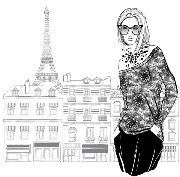 パリ市の背景にサングラスをかけた女性ファッションモデル — ストックベクタ