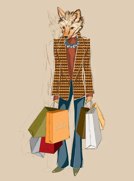 ファッションの買い物袋を運ぶフォックス — ストックベクタ