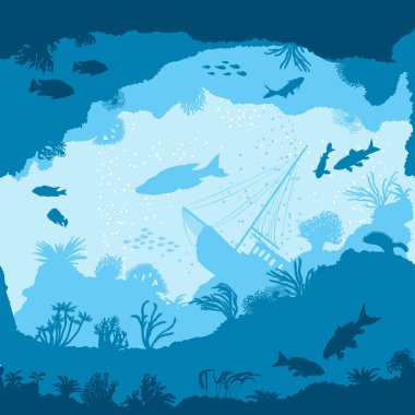 Balık ve mercan siluetleri ile sorunsuz vektör desen 