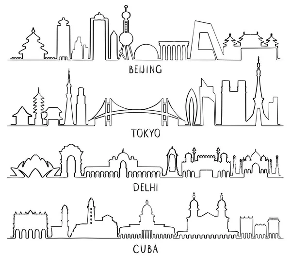 Aperçu Skyline avec des monuments de la ville (Beijing, Tokyo, New Delhi , — Image vectorielle