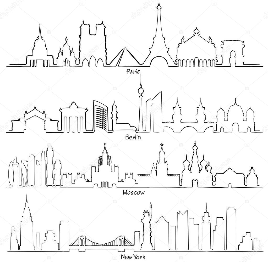 Set of vector cities silhouette (Paris, Berlin, Moscow and New Y