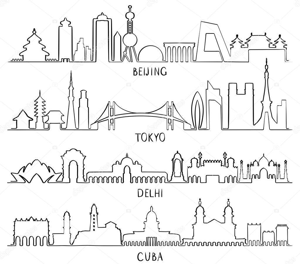 Outline Skyline with city Landmarks (Beijing, Tokyo, New Delhi, 