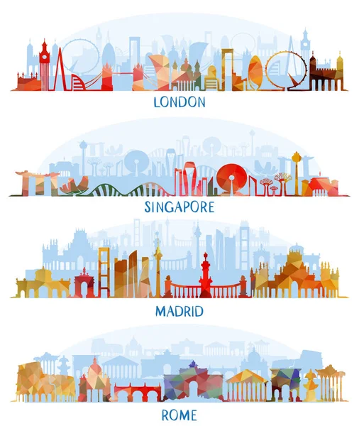 Skyline плоских встановити (Лондон, Сінгапур, Мадрид, Рим) — стоковий вектор